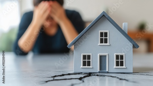 Household debt and debt crisis concept. A cracked house model is placed on a table. The impact of rising home interest rates and higher financial expenses. photo