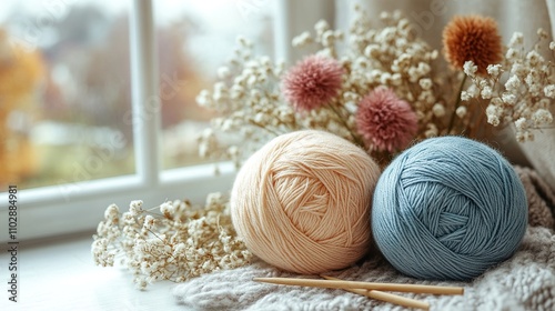 Two yarn balls, knitting needles, and dried flowers on windowsill.