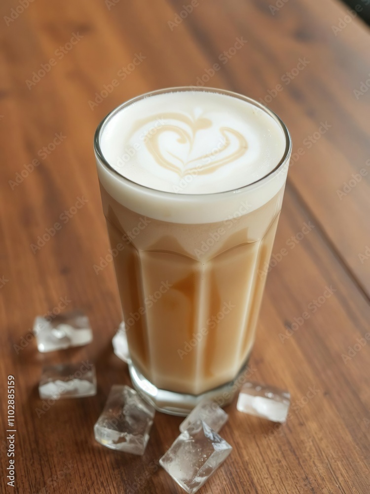 A refreshing iced latte with a creamy swirl of milk on top, served in a clear glass over ice cubes on a wooden table, creamy, summer, cool A refreshing iced latte with a creamy swirl of milk on top, served in a clear glass over ice cubes on a wooden table, creamy, summer, cool