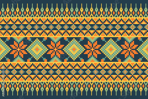 Cultural Textiles: Modern Pixel Interpretation, Bright Tribal Motifs in Pixel Style