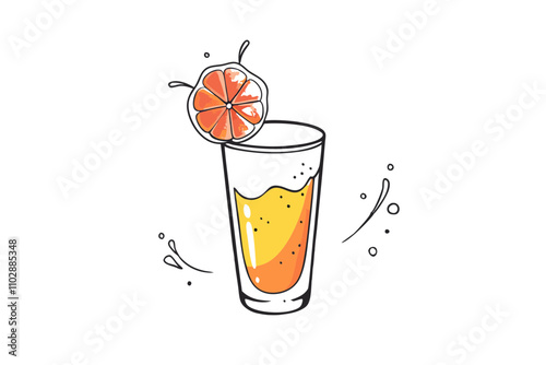 Line Drawing of a Glass of Agua Fresca with Fruit and Watercolor Ink Splash on White Background