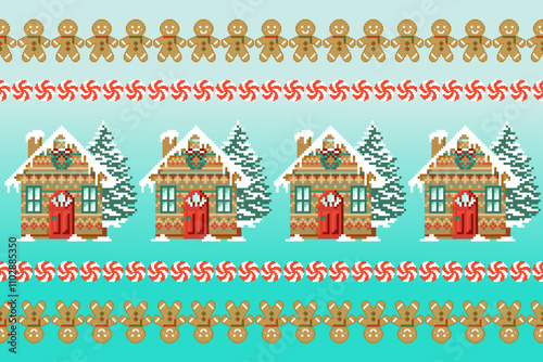 Pixel art illustration of gingerbread house, Gingerbread pixel art pattern, Christmas pattern with houses