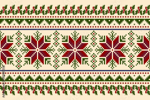 Traditional Nordic Christmas Pattern, Classic Red and Green Christmas Textile in pixel art style