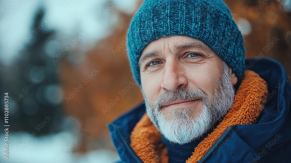 Happy Senior Man Winter Park Portrait Smiling Outdoors Mature Cold Weather Blue Hat Happy Senior Man Winter Park Portrait Smiling Outdoors Mature Cold Weather Blue Hat