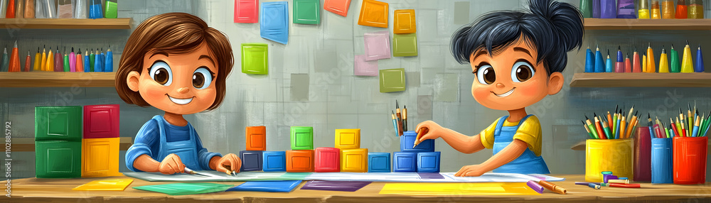 Two young girls playing with colorful blocks and paper at a table. Two young girls playing with colorful blocks and paper at a table.