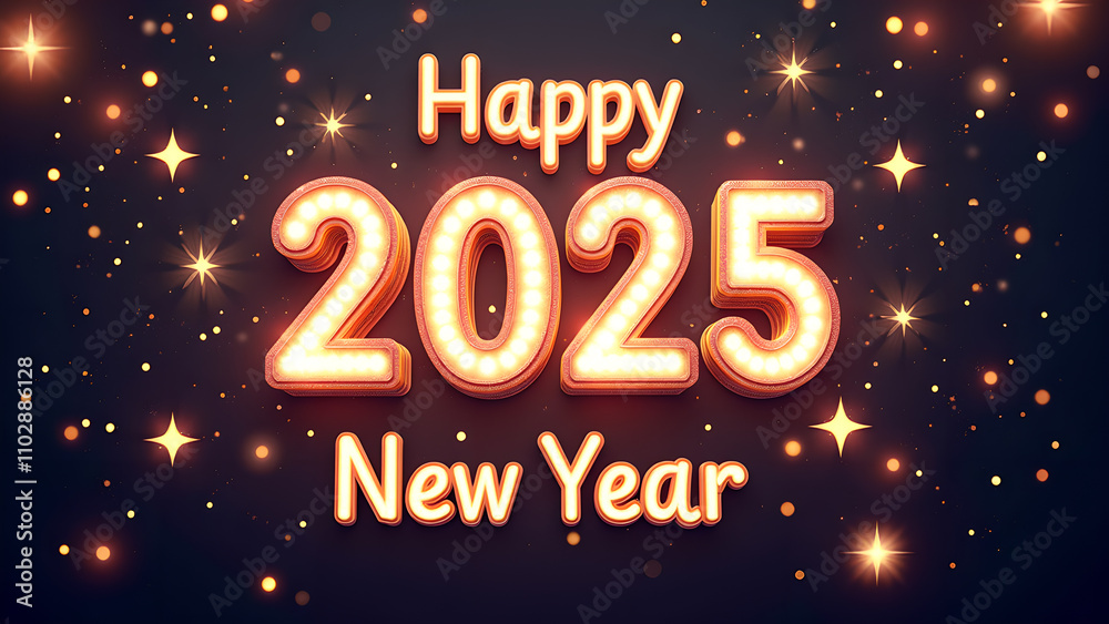 Happy New Year 2025 Celebration. Festive design with golden lights. Happy New Year 2025 Celebration. Festive design with golden lights.