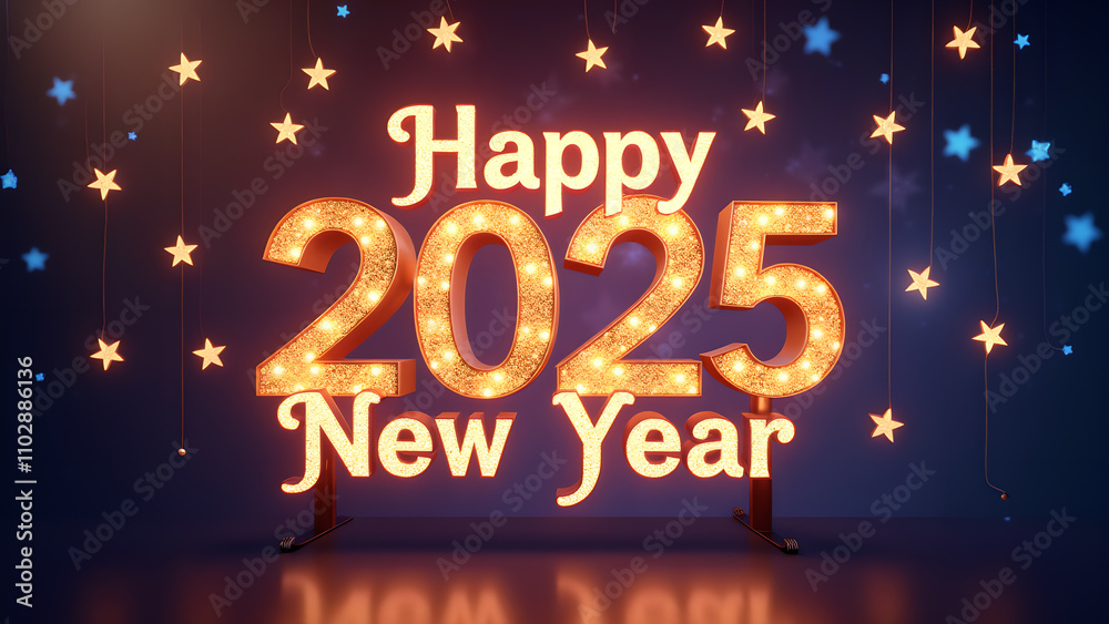 Happy New Year 2025 Celebration. Festive 3D Render with Lights. Happy New Year 2025 Celebration. Festive 3D Render with Lights.