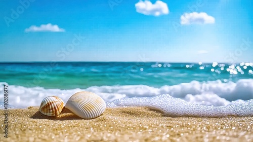 Seashell resting on the shore as gentle waves roll in