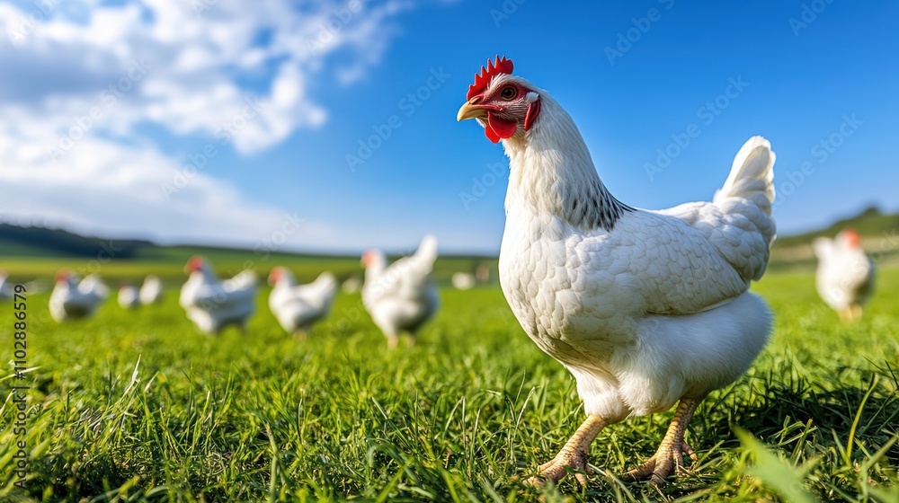 Fototapeta premium A white broiler chicken looks directly and inquisitively, as if looking and searching for something.