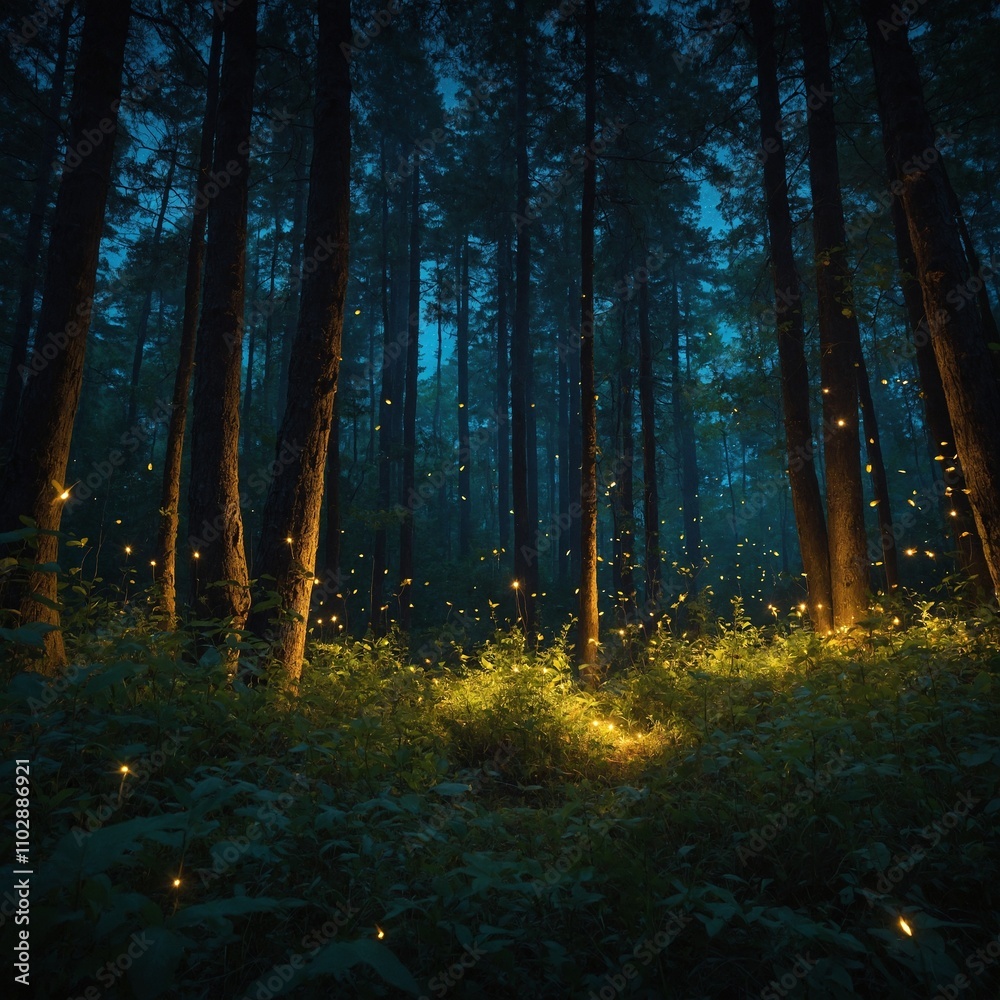 A magical mountain forest with fireflies glowing softly among the trees. A magical mountain forest with fireflies glowing softly among the trees.