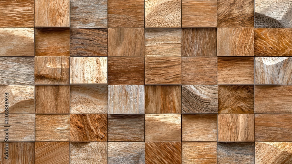 Wooden blocks arranged in a mosaic pattern, showcasing various textures and shades. Wooden blocks arranged in a mosaic pattern, showcasing various textures and shades.