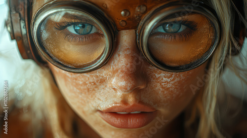 Fashion Photo, Woman wearing aviator googles and a worn leather aviator jacket, facial skin fully covered by Steampunk pattern, photo cinematic. photo