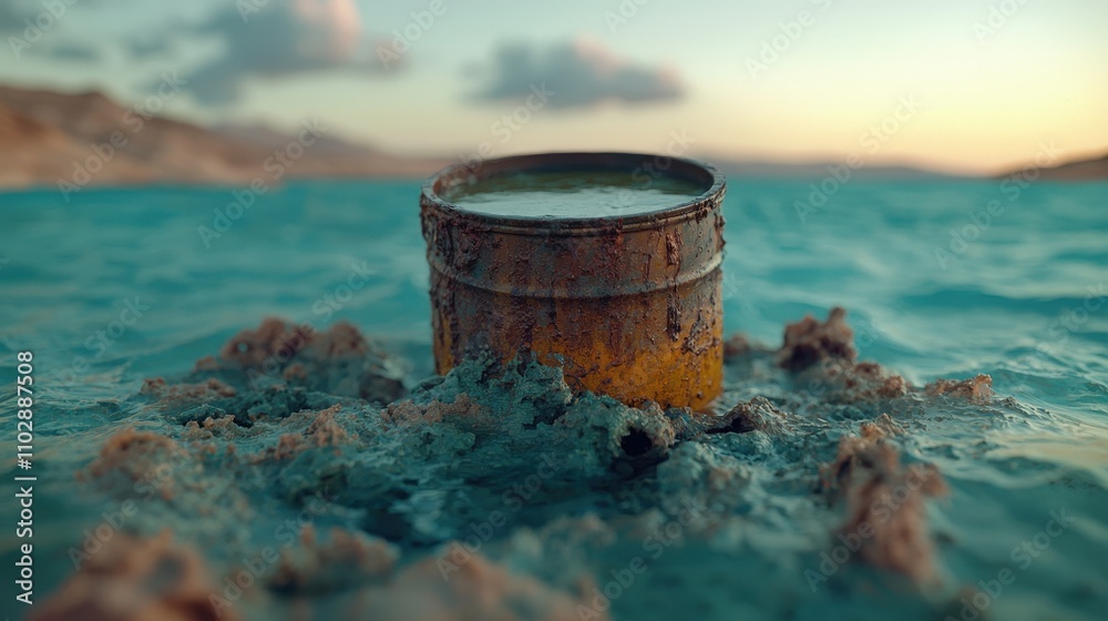 Rusty Oil Barrel in Polluted Ocean Water Environmental Disaster Rusty Oil Barrel in Polluted Ocean Water Environmental Disaster