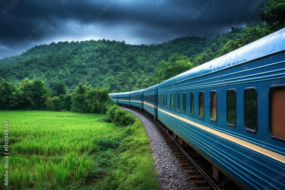 Serene Journey: A Blue Train Traverses Lush Green Fields Under Overcast Skies Amidst Rainy Weather in a Scenic Mountainous Landscape Serene Journey: A Blue Train Traverses Lush Green Fields Under Overcast Skies Amidst Rainy Weather in a Scenic Mountainous Landscape