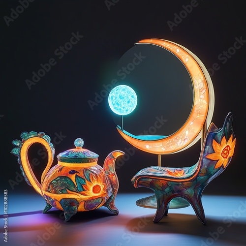 Ornate teapot, crescent moon chair, and glowing orb. photo