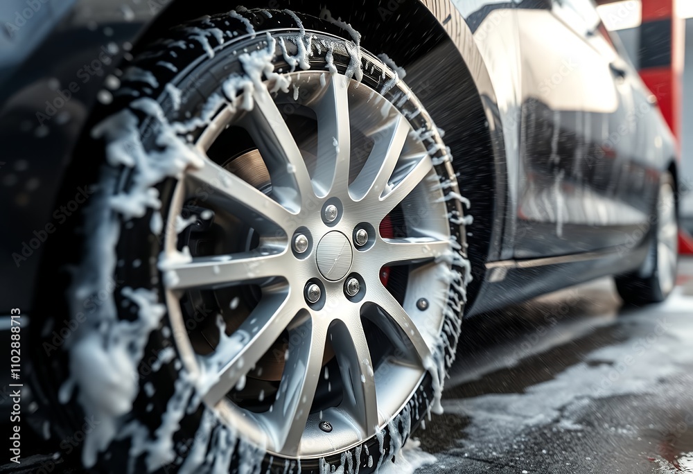 Car Wash Detailing Clean Alloy Wheels Soap Suds Closeup Car Wash Detailing Clean Alloy Wheels Soap Suds Closeup