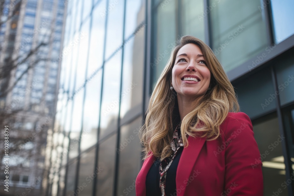Happy business woman standing outside a office building Happy business woman standing outside a office building