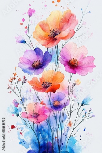 Vibrant Watercolor Flowers Illustration Colorful Floral Art Abstract Garden Design