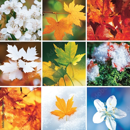 Nine seasonal images showcasing flowers and leaves in spring, summer, autumn, and winter. photo