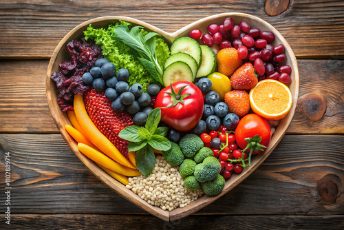 Fototapeta Naklejka Na Ścianę i Meble -  Heart-Shaped Bowl of Fresh Fruits and Vegetables - Vibrant Healthy Eating Concept.