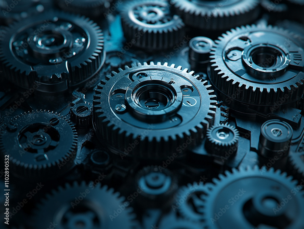 A 3D model of a complex mechanical gear system, with interlocking gears of various sizes, displayed against a dark background A 3D model of a complex mechanical gear system, with interlocking gears of various sizes, displayed against a dark background