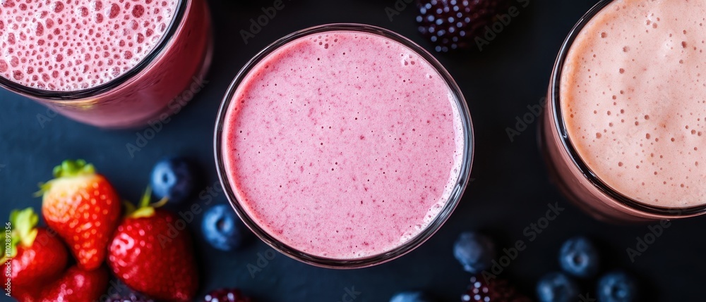 Delicious berry smoothies in vibrant colors with fresh fruits on a dark background Delicious berry smoothies in vibrant colors with fresh fruits on a dark background