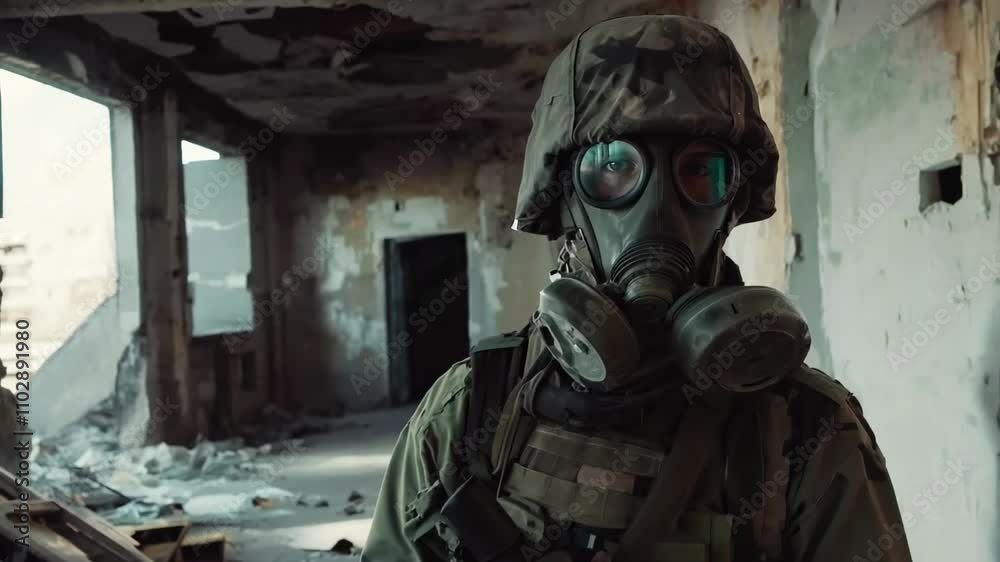 Soldier in gas mask stands in abandoned building amid urban decay