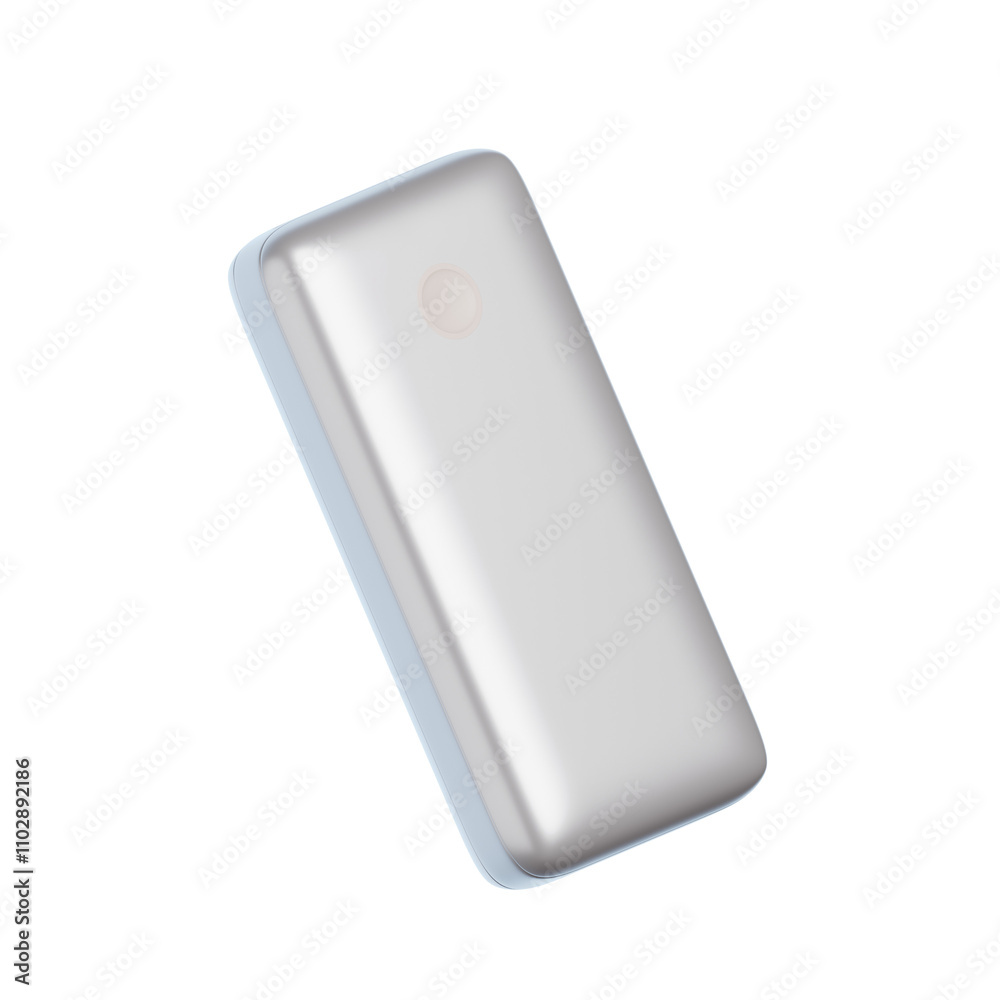 3D render of a simple, minimalistic silver power bank, floating in the air on a black background, shot from a low angle, in high resolution. 3D render of a simple, minimalistic silver power bank, floating in the air on a black background, shot from a low angle, in high resolution.