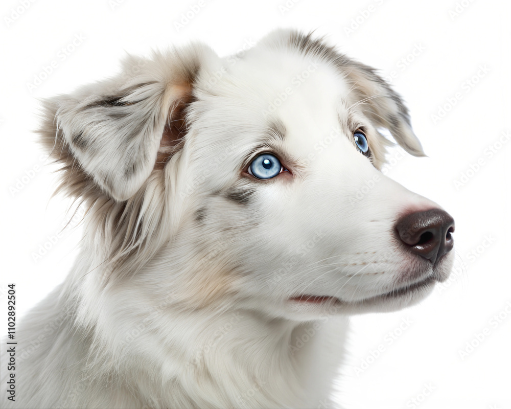 White Australian Shepherd portrait isolated on white background. White Australian Shepherd headshot on white background White Australian Shepherd portrait isolated on white background. White Australian Shepherd headshot on white background
