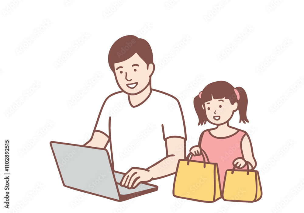 A father is teaching his daughter how to use a computer. Hand drawn style vector design illustrations. A father is teaching his daughter how to use a computer. Hand drawn style vector design illustrations.