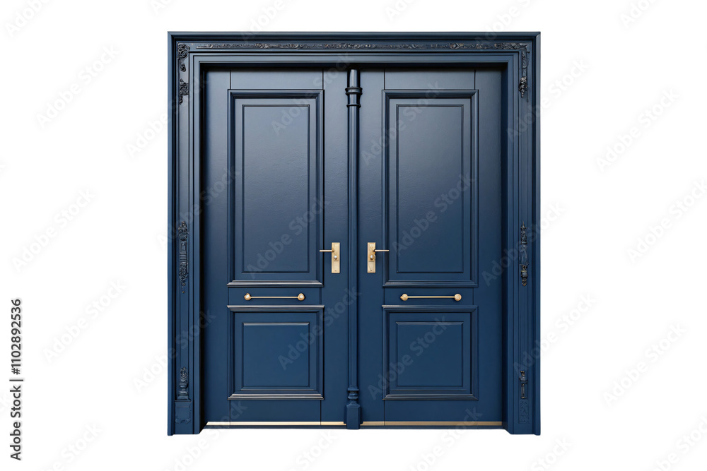 A sophisticated navy blue double door with minimal carvings, gold handles, and a timeless, elegant design, isolated on a transparent background A sophisticated navy blue double door with minimal carvings, gold handles, and a timeless, elegant design, isolated on a transparent background