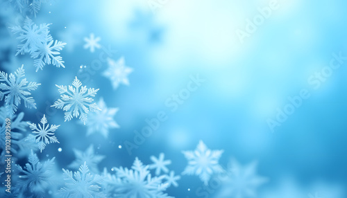 Abstract icy blue background with layered translucent snowflakes