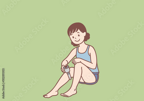 A young woman is shaving her shins. Hand drawn style vector design illustrations.