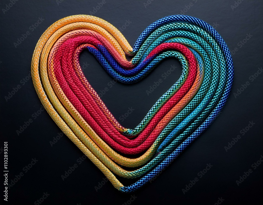 Obraz premium A heart of colorful ropes symbolizing love, unity, and teamwork, standing out against a black background