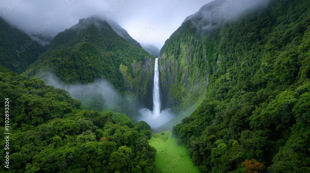 Majestic Waterfall Cascading Down Lush Green Mountains Majestic Waterfall Cascading Down Lush Green Mountains
