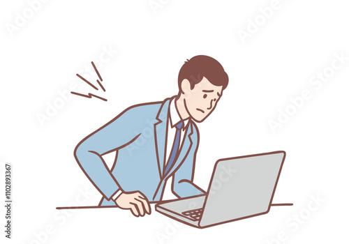A young businessman is sitting at his desk working and has pain in his neck, shoulders, and back. Hand drawn style vector design illustrations.