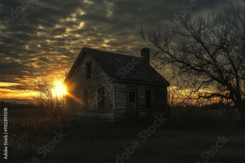 An abandoned house at sunset, evoking a sense of nostalgia.