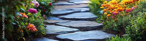 Charming Stone Pathway in Blooming Garden, inviting exploration through vibrant flowers and lush greenery, creating a serene atmosphere for leisurely walks.