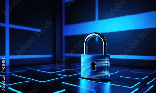 Secure digital lock on futuristic blue grid symbolizing cybersecurity technology photo