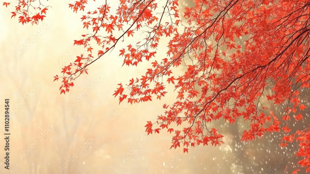 Vibrant Red Maple Leaves Captured in Soft Autumn Atmosphere Vibrant Red Maple Leaves Captured in Soft Autumn Atmosphere