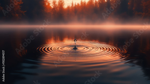 Photorealistic image of a single water droplet hitting a smooth lake, forming a perfect series of symmetrical ripples expanding outwards. The Cocoa and Mocha colors bring warmth.