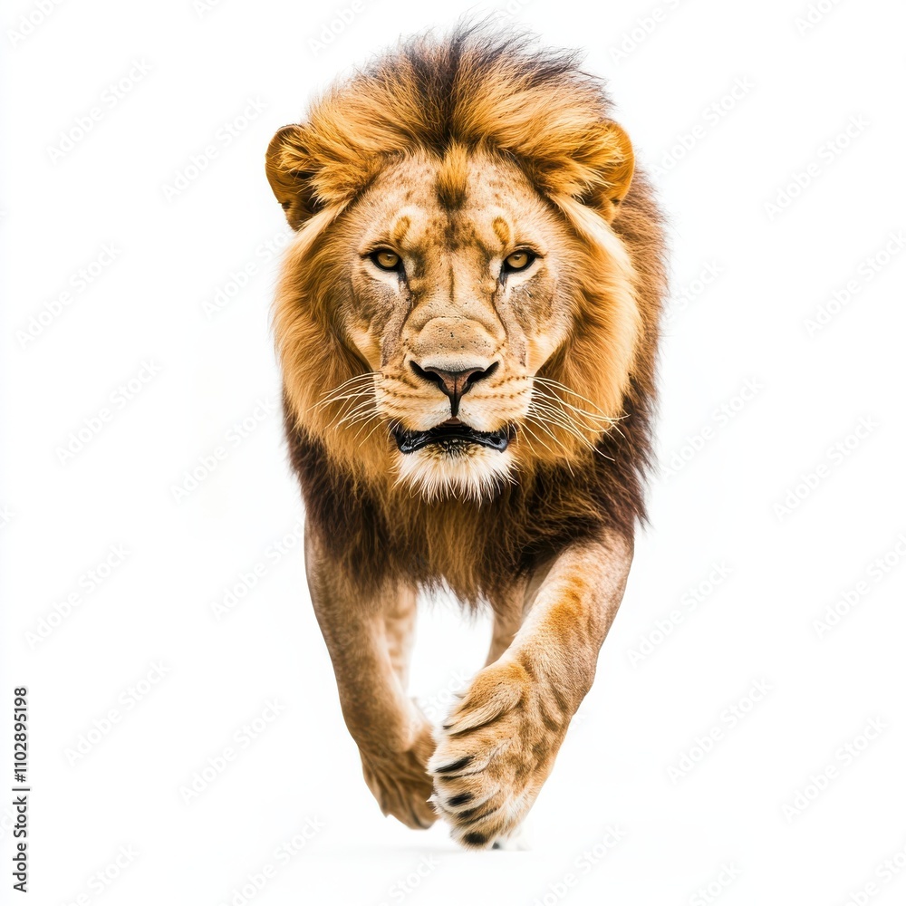 Majestic african lion running towards camera isolated on white background Majestic african lion running towards camera isolated on white background