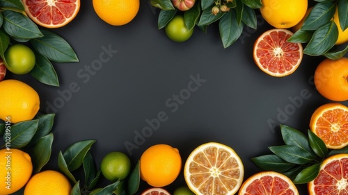 Fototapeta Naklejka Na Ścianę i Meble -  A unique frame made of assorted citrus fruits and fresh leaves on a dark background, frame, vibrant