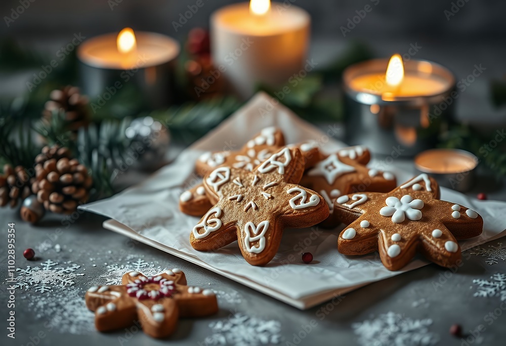 Fototapeta premium Christmas Gingerbread Cookies Candles Festive Treats Winter Holiday Baking