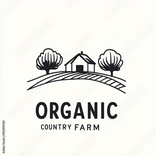 Minimalist black and white organic farm logo illustration with farmhouse, hills, trees and countryside design photo