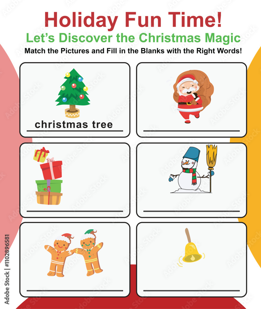 Fototapeta premium Writing practice with Christmas theme. Exercise for children to recognize pictures. Worksheet for learning English. Educational activity for children. 