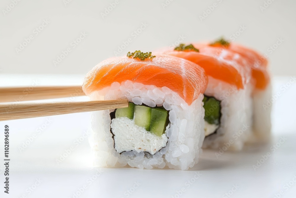 Sushi Roll with Salmon and Vegetables Held by Chopsticks Sushi Roll with Salmon and Vegetables Held by Chopsticks