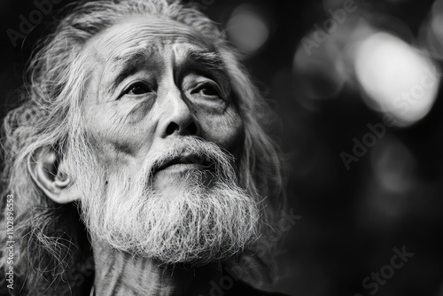 Close-up black and white portrait of an elderly man with long white hair and beard, looking upwards.