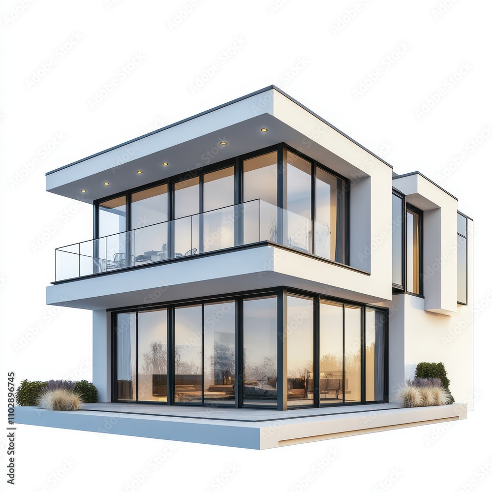Modern two-story house with large windows and terrace isolated on white background Modern two-story house with large windows and terrace isolated on white background