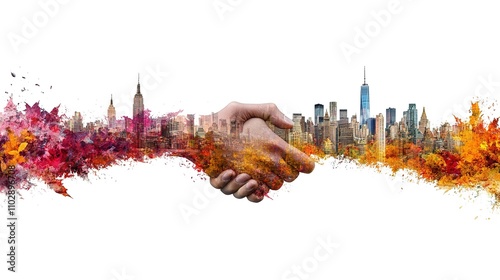 Vibrant Handshake Over City Skyline in Autumn Colors Symbolizing Partnership and Collaboration in New York with Creative Artistic Effect